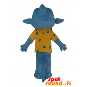 Blaue Fisch-Maskottchen, mit einem gelben T-Shirt, sehr smiley - MASFR24125 - Maskottchen-Fisch