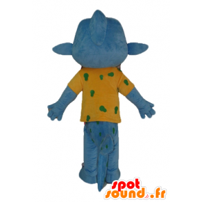 Blue fish mascot, with a yellow shirt, very smiley - MASFR24125 - Mascots fish