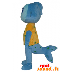 Mascotte de poisson bleu, avec un t-shirt jaune, très souriant - MASFR24125 - Mascottes Poisson