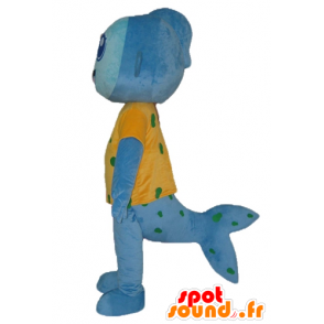 Mascota de pescado azul, con una camisa amarilla, muy sonriente - MASFR24125 - Peces mascotas