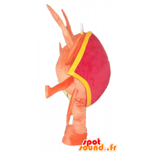 Orange, röd och gul krabba maskot, jätte, mycket framgångsrik -