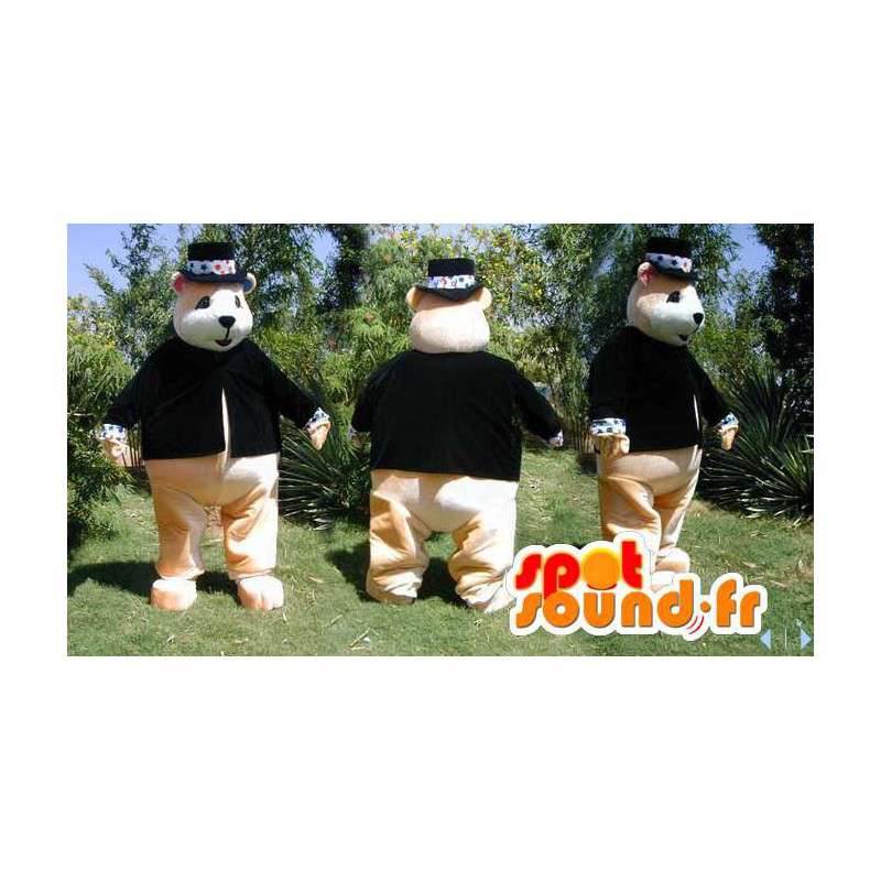 Beige bear mascot dressed in black suit - MASFR006619 - Bear mascot