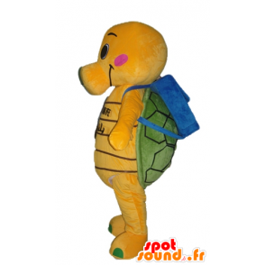 Μασκότ πορτοκαλί και πράσινη χελώνα με μπλε σχολική τσάντα - MASFR24130 - χελώνα Μασκότ