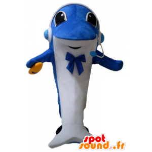 Mascotte de dauphin bleu et blanc, avec un casque audio - MASFR24133 - Mascottes Dauphin