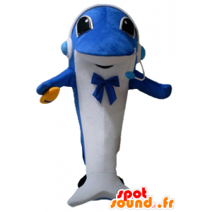 青と白のイルカのマスコット、ヘッドフォン付き-MASFR24133-イルカのマスコット