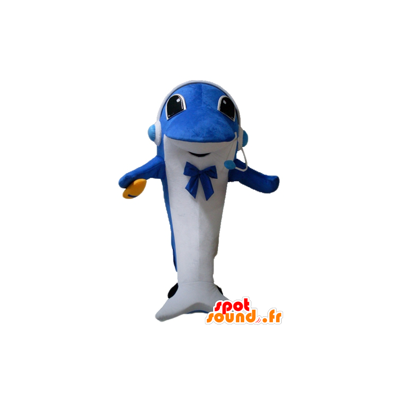 Blå og hvid delfin maskot med hovedtelefoner - Spotsound maskot