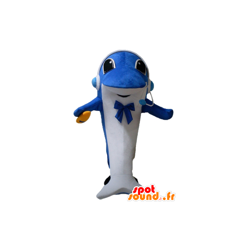 Gestreepte dolfijn mascotte met een koptelefoon - MASFR24133 - Dolphin Mascot