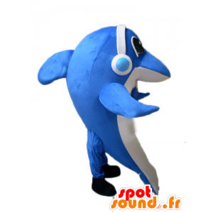 Gestreepte dolfijn mascotte met een koptelefoon - MASFR24133 - Dolphin Mascot