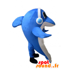 Mascotte de dauphin bleu et blanc, avec un casque audio - MASFR24133 - Mascottes Dauphin