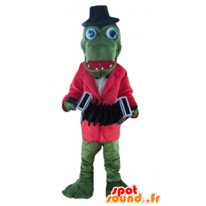 Groene krokodil mascotte met een rode jas en een accordeon - MASFR24134 - Mascot krokodillen