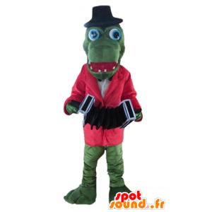Grønn krokodille maskot med en rød jakke og et trekkspill - MASFR24134 - Mascot krokodiller