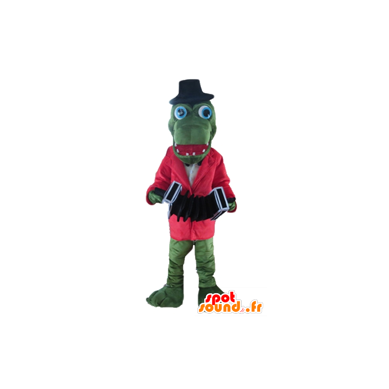 Groene krokodil mascotte met een rode jas en een accordeon - MASFR24134 - Mascot krokodillen