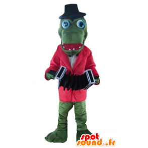 Groene krokodil mascotte met een rode jas en een accordeon - MASFR24134 - Mascot krokodillen