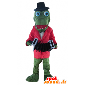 Grünes Krokodil Maskottchen mit einer roten Jacke und einem Akkordeon - MASFR24134 - Maskottchen der Krokodile