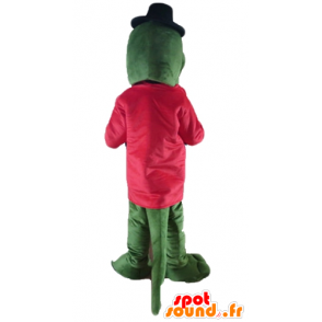 Coccodrillo verde mascotte con una giacca rossa e una fisarmonica - MASFR24134 - Mascotte di coccodrilli