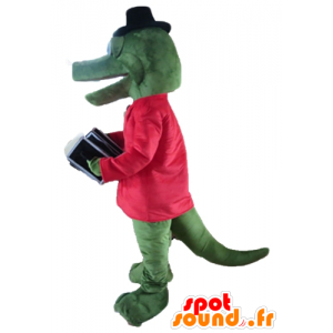 Green crocodile mascot with a red jacket and an accordion - MASFR24134 - Mascot of crocodiles