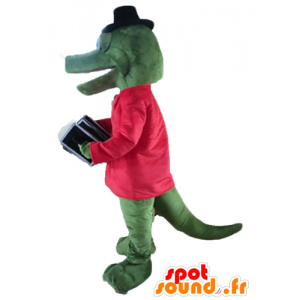 Groene krokodil mascotte met een rode jas en een accordeon - MASFR24134 - Mascot krokodillen
