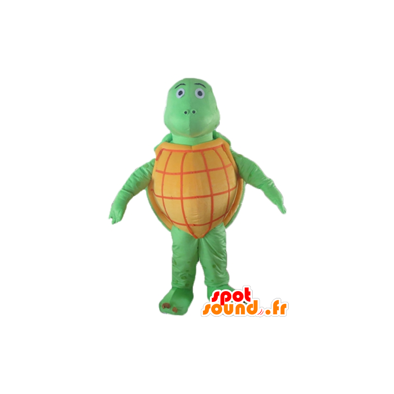 Orange og grøn skildpadde maskot, rund, meget vellykket -