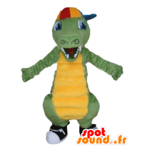 Vihreä ja keltainen krokotiili maskotti, jossa korkki - MASFR24143 - maskotti krokotiilejä