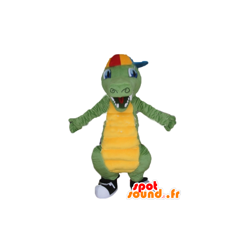 Groen en geel krokodil mascotte, met een pet - MASFR24143 - Mascot krokodillen