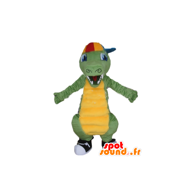 Grön och gul krokodilmaskot med keps - Spotsound maskot