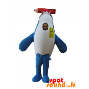 Mascota de la orca, delfín azul y blanco, con un lápiz gigante - MASFR24152 - Delfín mascota