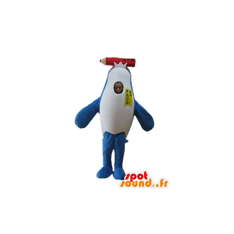 Mascot orka, blauw en wit dolfijn, met een gigantische potlood - MASFR24152 - Dolphin Mascot