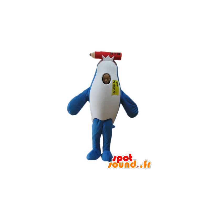 Orca mascot, blue and white dolphin, with a giant pencil - MASFR24152 - Mascot Dolphin
