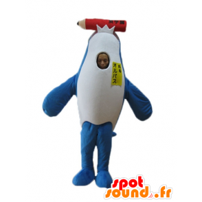 Mascotte d'orque, de dauphin bleu et blanc, avec un crayon géant - MASFR24152 - Mascottes Dauphin