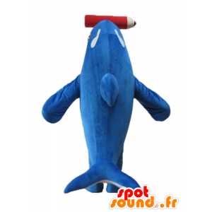 Mascot orca, golfinho azul e branco, com um lápis gigante - MASFR24152 - Dolphin Mascot