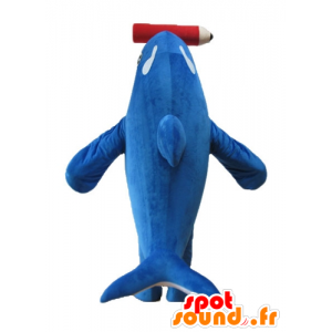 Μασκότ orca, το μπλε και το άσπρο δελφίνι, με ένα γιγαντιαίο μολύβι - MASFR24152 - Dolphin μασκότ