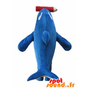 Orca mascot, blue and white dolphin, with a giant pencil - MASFR24152 - Mascot Dolphin