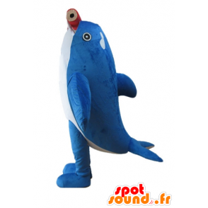 Mascota de la orca, delfín azul y blanco, con un lápiz gigante - MASFR24152 - Delfín mascota
