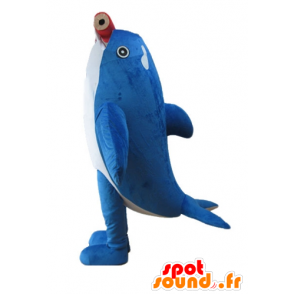 Orca mascot, blue and white dolphin, with a giant pencil - MASFR24152 - Mascot Dolphin