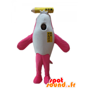 Orca mascot, pink and white dolphin, with a giant pencil - MASFR24153 - Mascot Dolphin