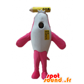 Mascotte d'orque, de dauphin rose et blanc, avec un crayon géant - MASFR24153 - Mascottes Dauphin