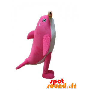 Orca maskot, lyserød og hvid delfin, med en kæmpe blyant -
