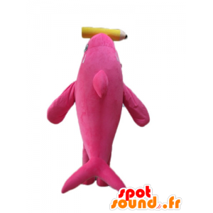 Orca mascote, golfinho cor de rosa e branco, com um lápis gigante - MASFR24153 - Dolphin Mascot