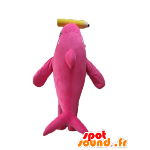 Orca maskot, lyserød og hvid delfin, med en kæmpe blyant -