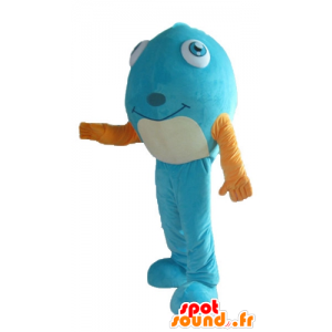 Azul mascote peixe, com uma camisa amarela, muito sorridente - MASFR24160 - mascotes peixe