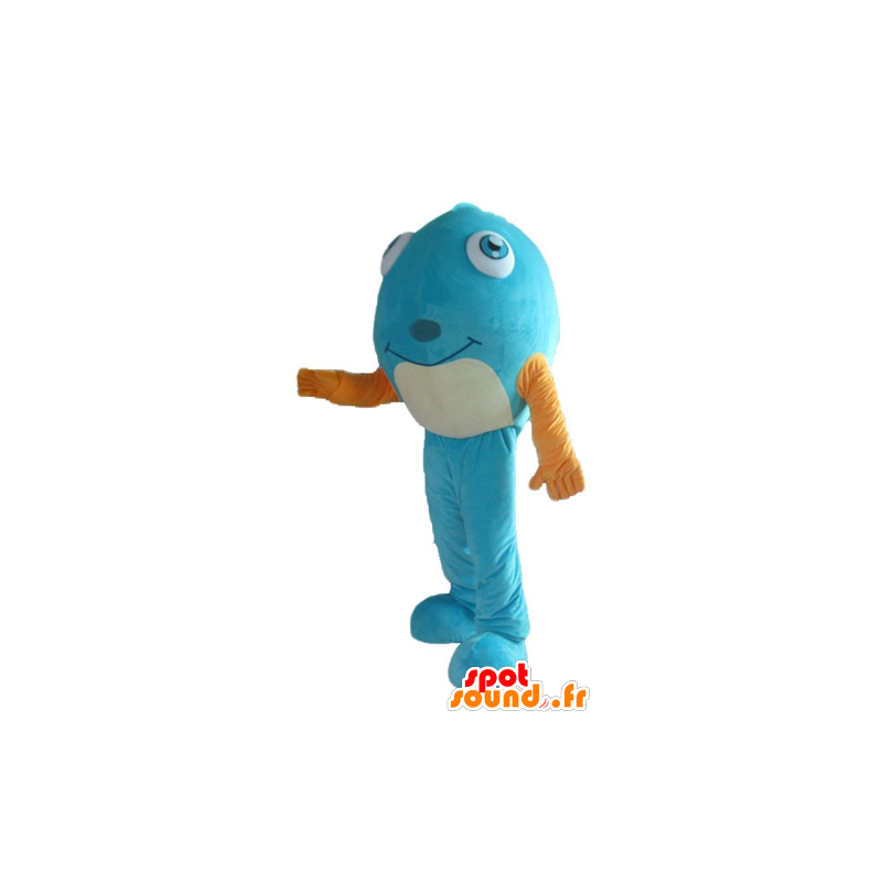 Blue fish mascot, with a yellow shirt, very smiley - MASFR24160 - Mascots fish