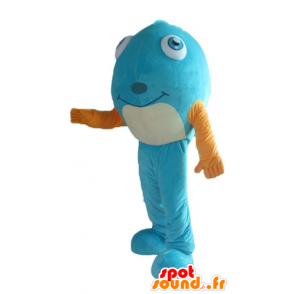 Blaue Fisch-Maskottchen, mit einem gelben T-Shirt, sehr smiley - MASFR24160 - Maskottchen-Fisch