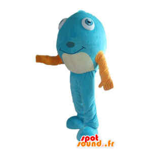 Blue fish mascot, with a yellow shirt, very smiley - MASFR24160 - Mascots fish