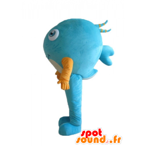 Azul mascote peixe, com uma camisa amarela, muito sorridente - MASFR24160 - mascotes peixe