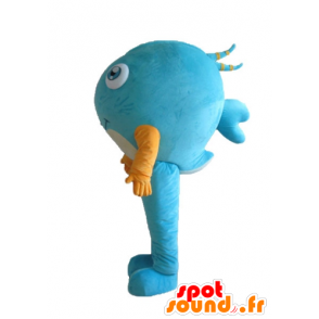 Blu mascotte pesce, con una camicia gialla, molto sorridente - MASFR24160 - Pesce mascotte