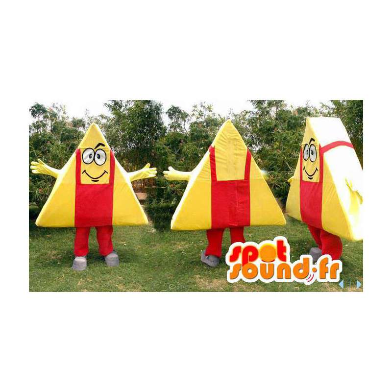 Giant keltainen kolmio, jossa on punainen jumpsuit maskotti - MASFR006629 - Mascottes non-classées