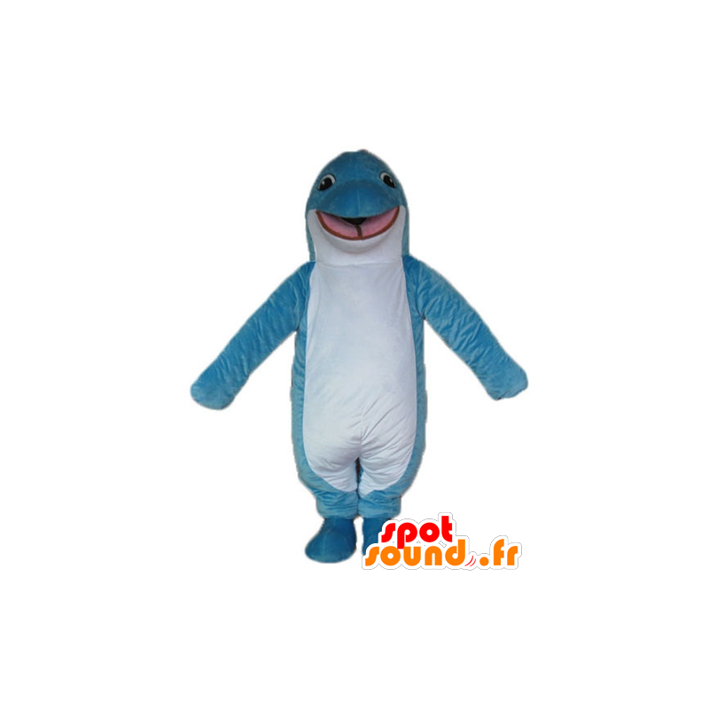Blå och vit delfinmaskot, leende och original - Spotsound maskot