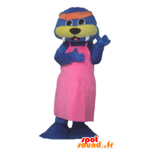 Lontra mascote azul e amarelo com um vestido rosa - MASFR24172 - Mascotes do oceano