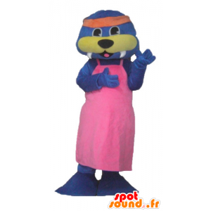 Mascot otter blue and yellow with a pink dress - MASFR24172 - Mascots of the ocean