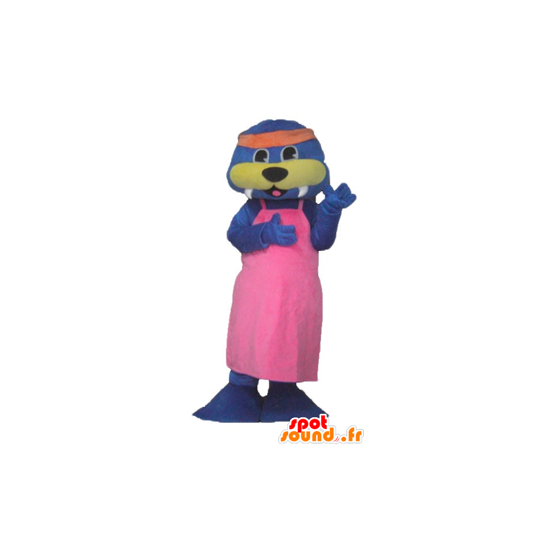 Mascot otter blue and yellow with a pink dress - MASFR24172 - Mascots of the ocean